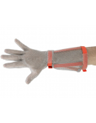 Guanto lungo antitaglio in cotta di maglia in acciaio inox - taglia M, diametro anelli mm 4, cinturino in nylon rosso