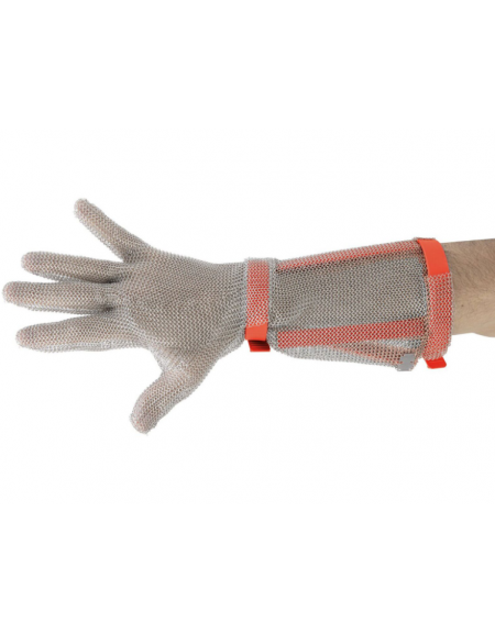 Guanto lungo antitaglio in cotta di maglia in acciaio inox - taglia M, diametro anelli mm 4, cinturino in nylon rosso