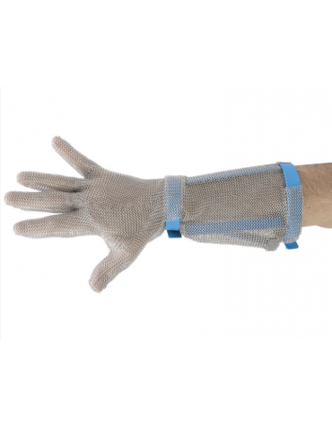 Guanto lungo antitaglio in cotta di maglia in acciaio inox - taglia L, diametro anelli mm 4, cinturino in nylon blu