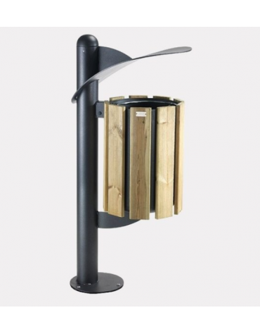 Cestino portarifiuti a forma cilindrica con doghe in legno di pino e coperchio, da tassellare - cm 39x53,2x117,5h