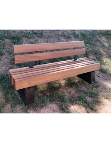 Panchina con schienale e braccioli, in acciaio zincato e verniciato, seduta e schienale in legno di pino - cm 200x43,3x87,3h