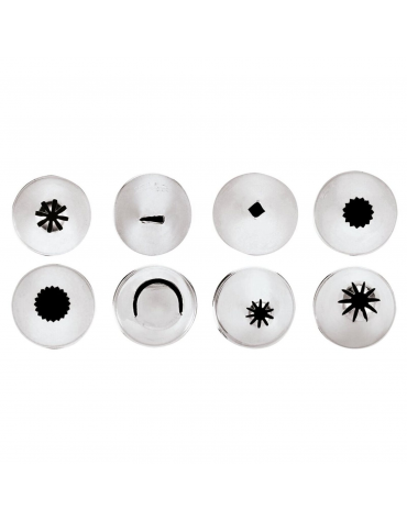 Set 8 bocchette per sac à poche in acciaio inox unipezzo con fori assortiti  - diametro base mm 18