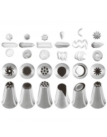 Set 6 bocchette per sac à poche in acciaio inox unipezzo con fori assorti - diametro base mm 25