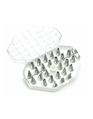 Set 26 bocchette per decorazione in acciaio inox unipezzo con 2 chiodi per fiori e 1 adattatore standard