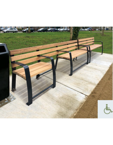 Panchina inclusiva con schienale, seduta in legno di pregio e struttura in acciaio zincata e verniciata - cm 265x60,4x81,7h