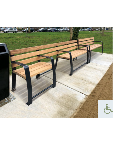 Panchina inclusiva con schienale, seduta in legno di pino e struttura in acciaio zincata e verniciata - cm 265x60,4x81,7h