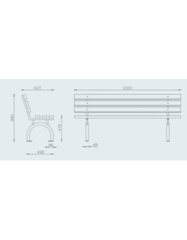 Panchina con braccioli, struttura in acciaio zincato e verniciato, schienale e seduta in doghe di legno di pino - cm L.200