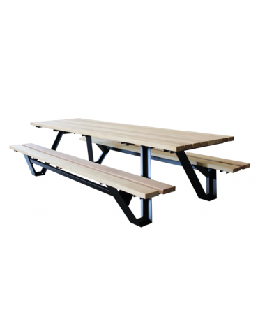 Set composto da tavolo rettangolare e due panchine piane, struttura in acciaio, tavolo con doghe in legno pino - cm L.200