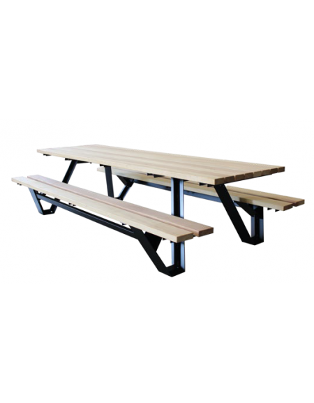 Set composto da tavolo rettangolare e due panchine piane, struttura in acciaio, tavolo con doghe in legno pino - cm L.200