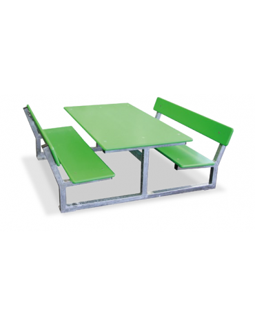 Set con tavolo e due panchine con schienale, struttura in acciaio, seduta, schienale e tavolo in polietilene - cm L.138,6