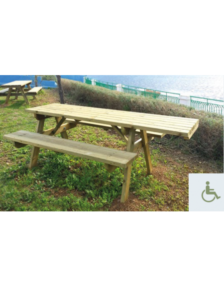 Set accessibile composto da tavolo e 2 panche per pic-nic in legno di conifera nordica impregnata in autoclave – cm 240×73,7h