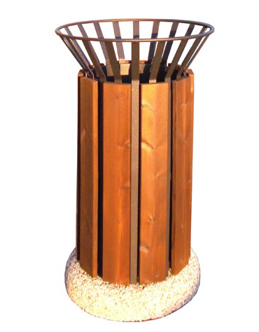 Cestino portarifiuti da 80 lt di forma cilindrica in acciaio con doghe in legno di pregio - base in ferro, da tassellare