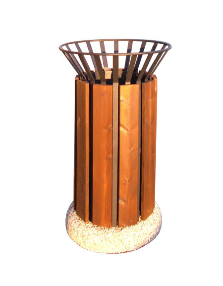 Cestino portarifiuti da 80 lt di forma cilindrica, in acciaio con doghe in legno di pino - base in ferro, da tassellare