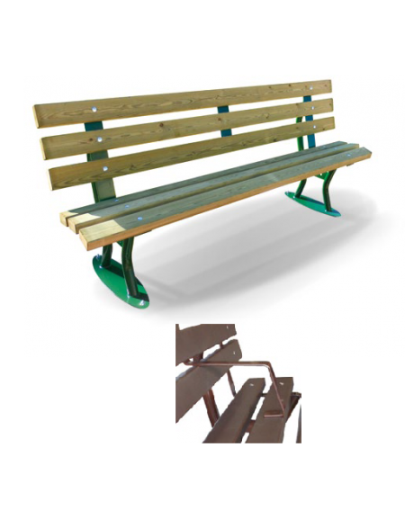 Panchina con braccioli in acciaio zincato e verniciato, seduta e schienale con doghe in legno di pregio - cm 200x57,8x82,4h