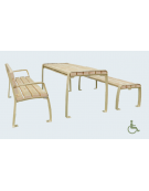 Set inclusivo composto da 1 tavolo e 2 panchine con schienale, con doghe in legno di pregio, struttura in acciaio - cm L.180