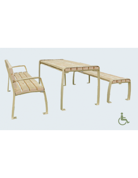 Set inclusivo composto da 1 tavolo e 2 panchine con schienale, con doghe in legno di pregio, struttura in acciaio - cm L.180