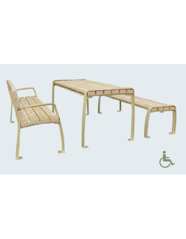 Set inclusivo composto da 1 tavolo e 2 panchine senza schienale, con doghe in legno di pregio, struttura in acciaio  - cm L.180