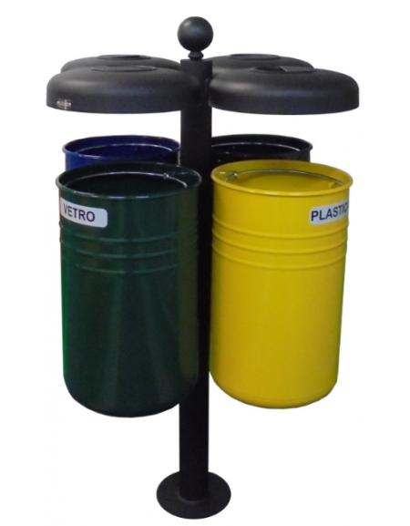 Cestino per la raccolta differenziata, 4 contenitori,  in acciaio zincato e verniciato, da inghisare - cm 87,2x87,2