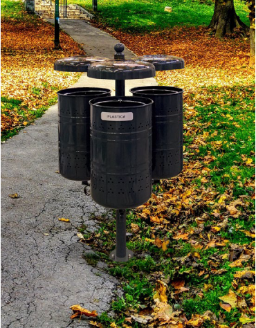 Cestino raccolta differenziata 4 settori in acciaio zincato e verniciato con coperchio e posacenere, da inghisare - cm 85,2x85,2