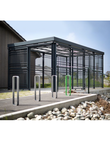 Pensilina per bici in acciaio zincato e verniciato, con porta apribile manualmente tramite anta scorrevole - cm L.690