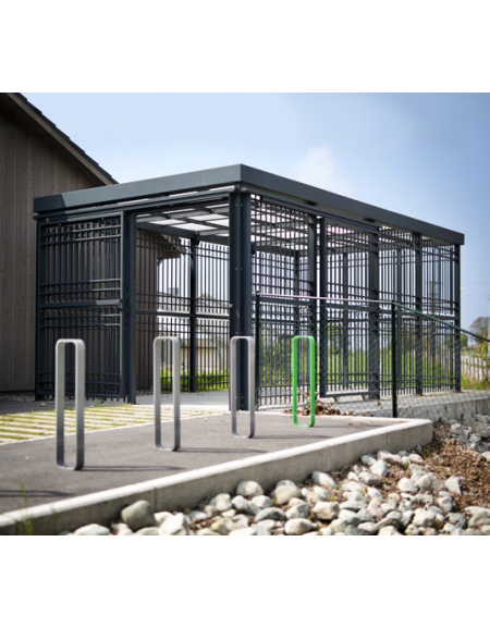 Pensilina per bici in acciaio zincato e verniciato, con porta apribile manualmente tramite anta scorrevole - cm L.690