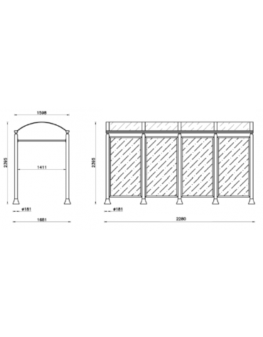 Pensilina 2 moduli in acciaio verniciato con copertura e parete di fondo in policarbonato alveolare - cm 228x158,8x239,5h