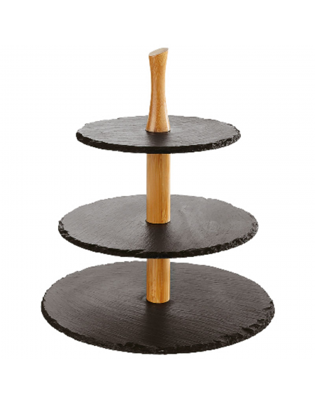 Alzata 3 piani in ardesia con supporto in legno di acacia - Diametro Ø cm 20-25-30 - Altezza cm 34