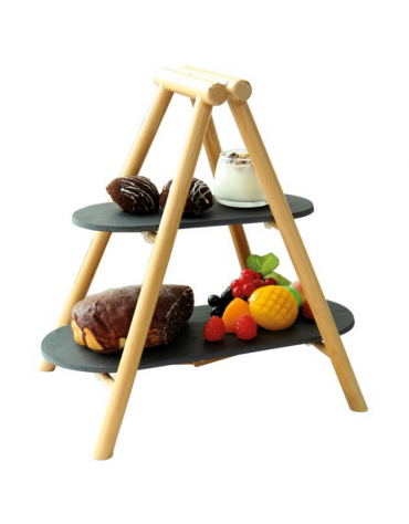 Alzata 2 piani in ardesia con supporto in legno - dim. supporto cm 25x4,5x34,5h - dim. ripiani cm 31x13-41x18