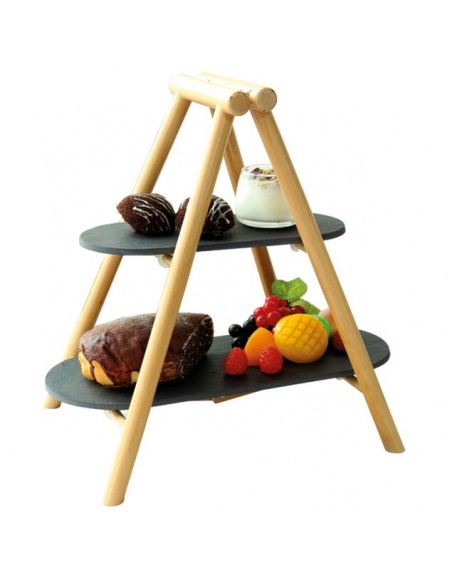 Alzata 2 piani in ardesia con supporto in legno - dim. supporto cm 25x4,5x34,5h - dim. ripiani cm 31x13-41x18