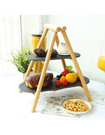 Alzata 2 piani in ardesia con supporto in legno - dim. supporto cm 25x4,5x34,5h - dim. ripiani cm 31x13-41x18