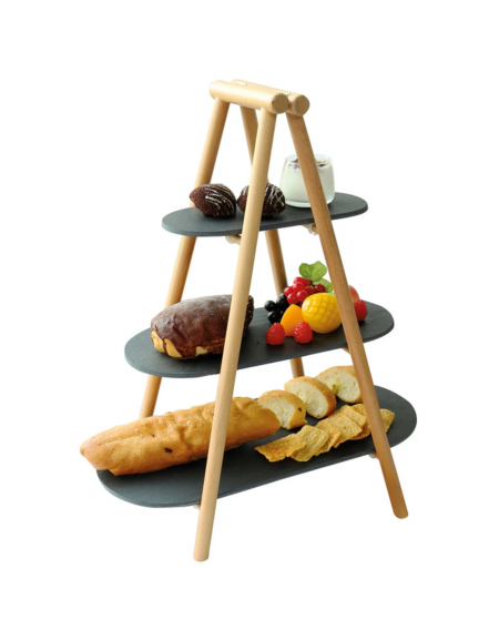 Alzata 3 piani in ardesia con supporto in legno - dim. supporto cm 25x4,5x54h - dim. ripiani cm 21x8-31x13-41x18