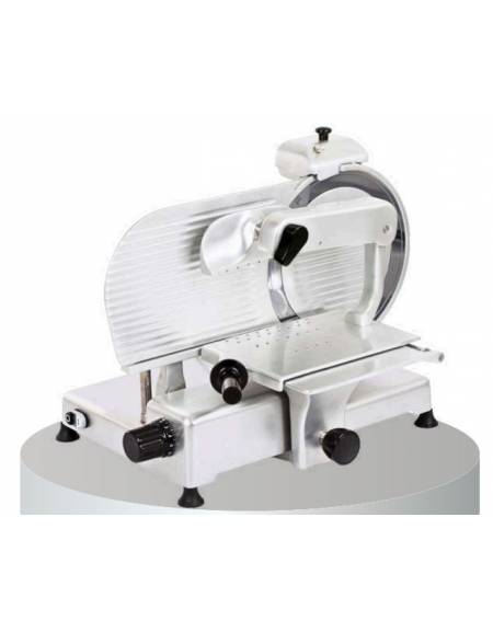 Affettatrice verticale in alluminio anodizzato con braccio a cigno, affilatoio fisso - lama Ø cm 35 - Taglio utile cm 33x25