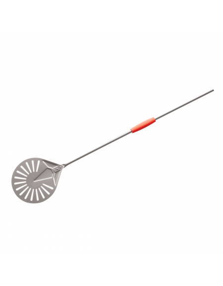Palettino per pizza in acciaio inox con piatto rotondo forato diametro cm 23 - lunghezza cm 150 - portata gr. 912