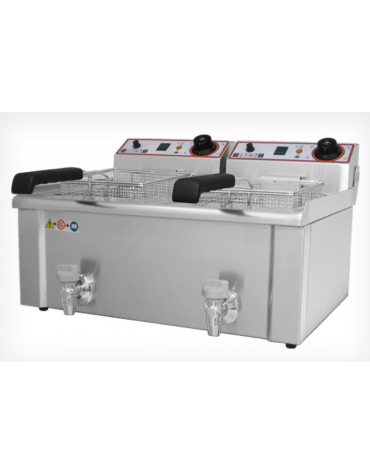 Friggitrice elettrica TRIFASE da banco in acciaio inox - 2 vasche con rubinetto scarico - capacità Lt 13+13 - mm 690x525x375h