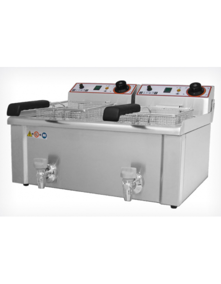 Friggitrice elettrica TRIFASE da banco in acciaio inox - 2 vasche con rubinetto scarico - capacità Lt 13+13 - mm 690x525x375h