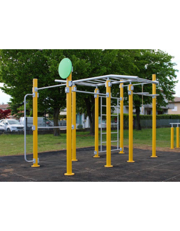 Stazione fitness in acciaio zincato e verniciato, con attrezzi per il rafforzamento muscolare - cm440x351,6