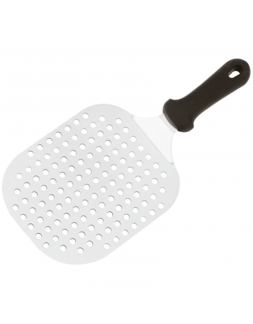 Pala per pizza in acciaio inox con piatto rettangolare forato e manico corto in polipropilene - cm 22x18