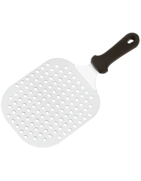 Pala per pizza in acciaio inox con piatto rettangolare forato e manico corto in polipropilene - cm 22x18