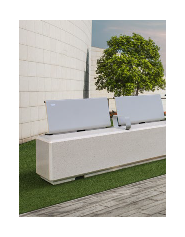 Panchina in graniglia di marmo, con 2 schienali e coppia braccioli in acciaio zincato e verniciato - cm L. 200