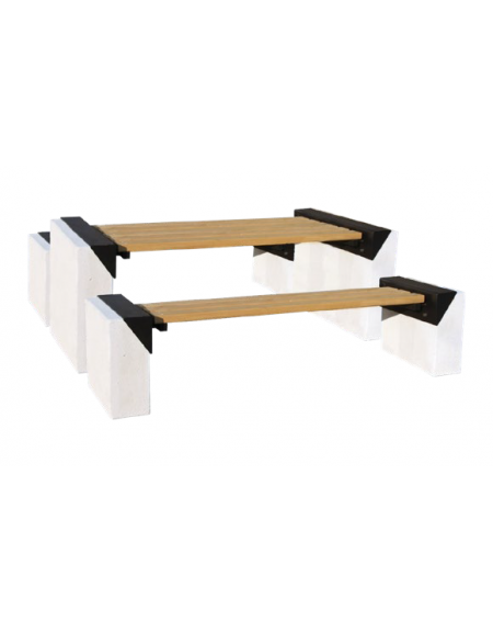 Set composto da tavolo + 2 panchine senza schienale in legno di pregio - fianchi in cemento bocciardato - cm L. 207,6