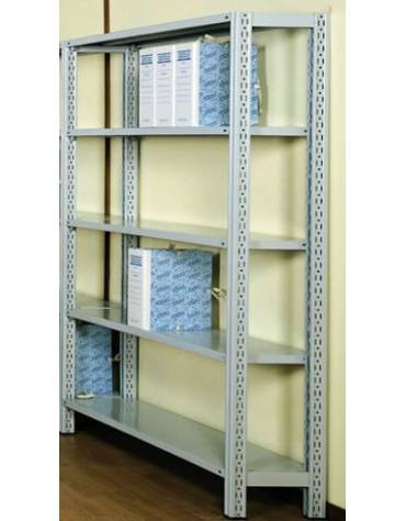 Scaffale metallico in acciaio verniciato RAL 7035 con 5 ripiani cm 80x30 - Montaggio a gancio- Dimensioni esterne cm 86,4x30x250