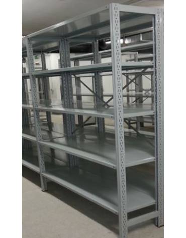 Scaffale metallico in acciaio verniciato RAL 7035 con 5 ripiani cm 70x30 - Montaggio a gancio-Dimensioni esterne cm 76,4x30x250h