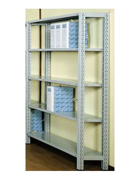 Scaffale metallico in acciaio verniciato RAL 7035 con 5 ripiani cm 110x30 -Montaggio a gancio-Dimensioni esterne cm 116,4x30x250