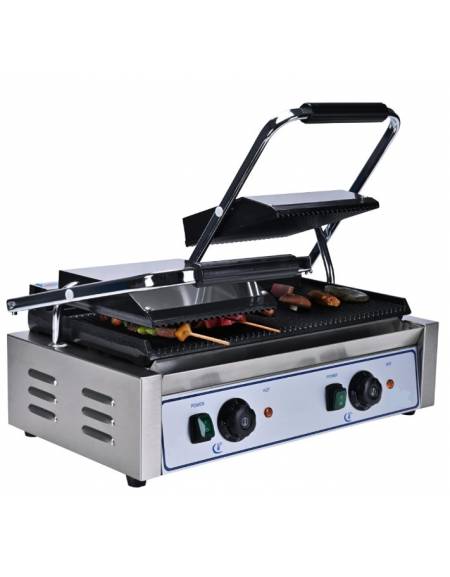 Piastra grill doppia da banco in ghisa rigata, telaio acciaio inox - 2 zone di cottura - linea economica - mm 565x310x220h