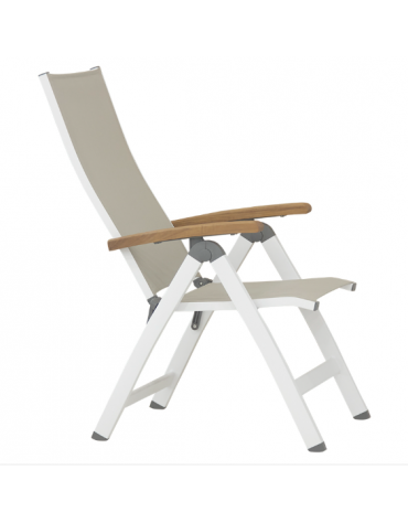 Lettino in alluminio verniciato, braccioli in teak, seduta e schienale in textilene - cm 59x71x113h