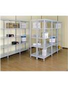 Scaffale metallico in acciaio verniciato RAL 7035 con 4 ripiani cm 80x30-Montaggio a gancio-Dimensioni esterne cm 86,4x30x200h