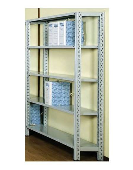 Scaffale metallico in acciaio verniciato RAL 7035 con 5 ripiani cm 80x50 - Montaggio a gancio-Dimensioni esterne cm 86,4x50x250h