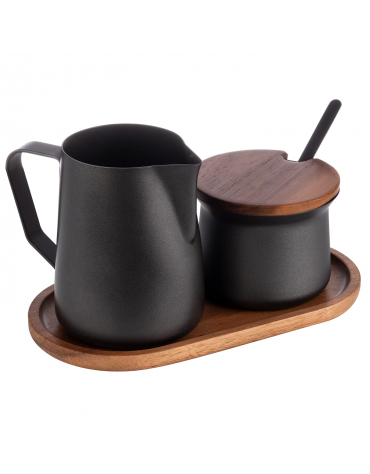 Set lattiera con zuccheriera in acciaio inox rivestito in PTFE, su vassoio in legno di acacia - dim. tot. cm 19x10x10,5h