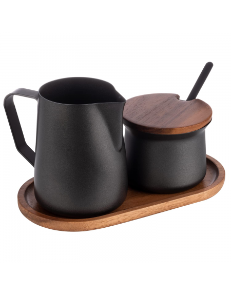 Set lattiera con zuccheriera in acciaio inox rivestito in PTFE, su vassoio in legno di acacia - dim. tot. cm 19x10x10,5h