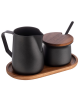 Set lattiera con zuccheriera in acciaio inox rivestito in PTFE, su vassoio in legno di acacia - dim. tot. cm 19x10x10,5h
